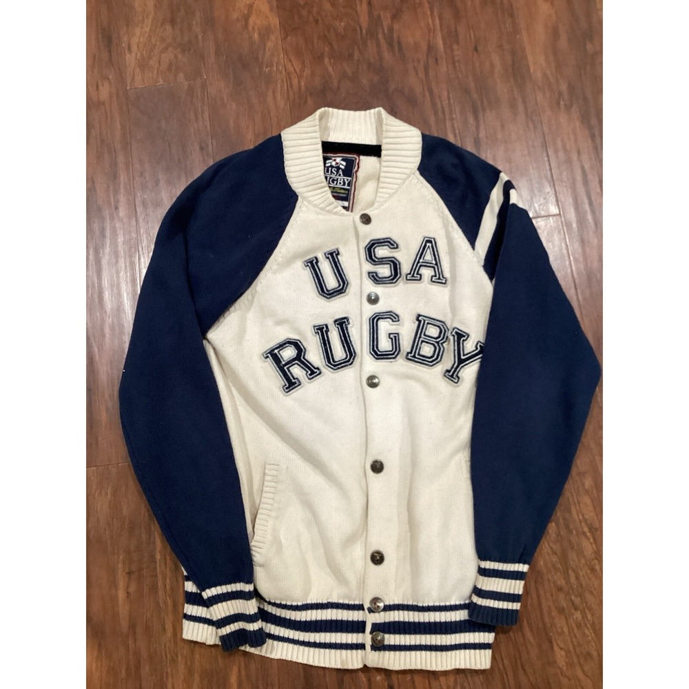 Vintage USA Rugby Royal Club Varsity Cardigan Sweater Jacket Men Medium